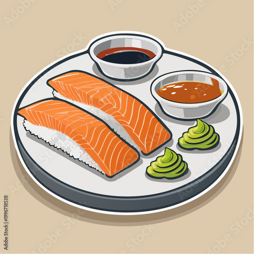 Salmon Nigiri Sushi with Soy Sauce and Wasabi