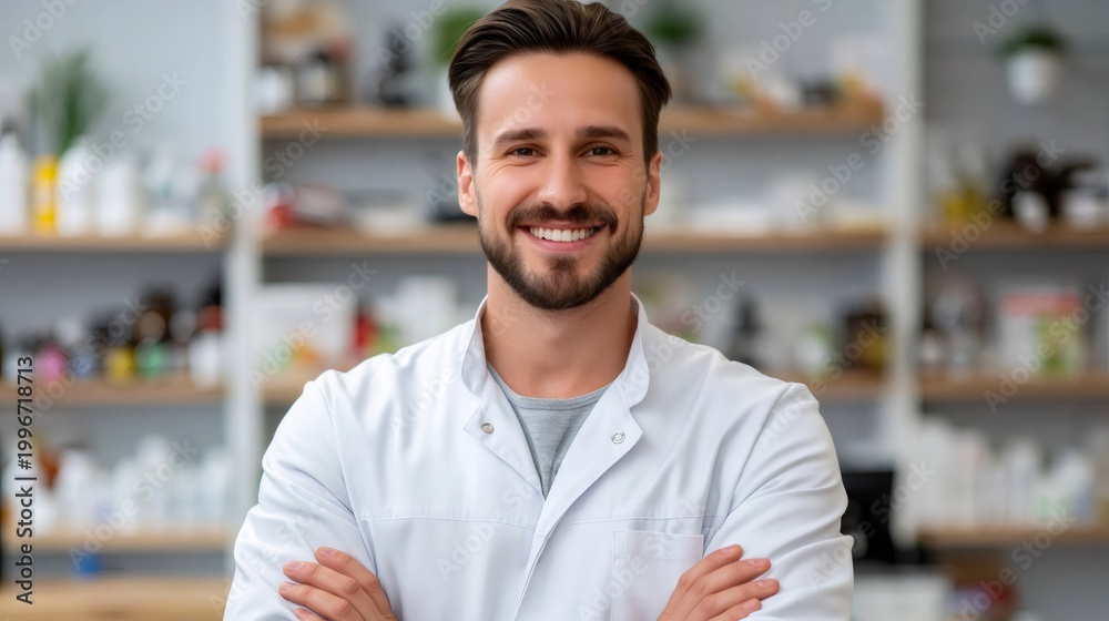 Obraz premium Male pharmacist standing smiling in pharmacy clinic