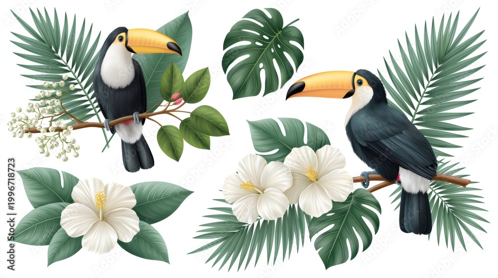 Naklejka premium Toucans sitting on branches with tropical foliage
