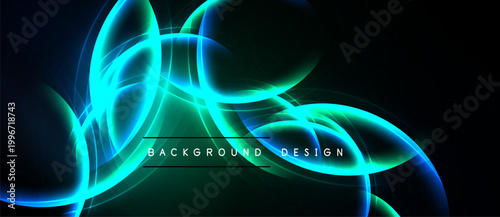Abstract luminous curves, teal hues dominate dark background. Modern design evokes energy, motion, depth. Simple text overlay present.