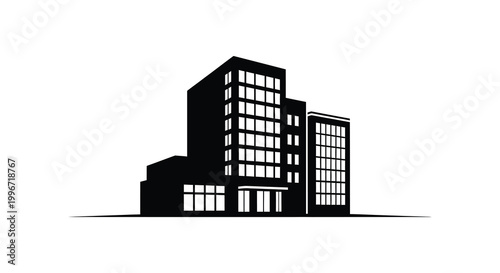 Modern building complex with rectangular shapes and a striking black silhouette