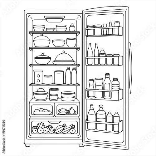 Sketch of an open refrigerator displaying various food items and containers