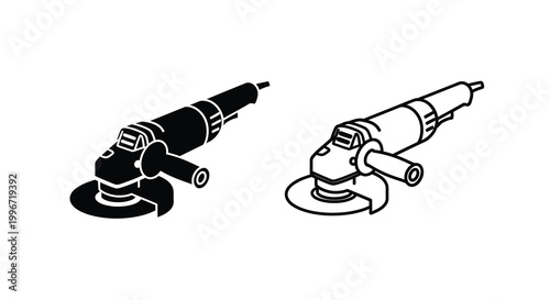 Two black and white depictions of an angle grinder detailed vector silhouette