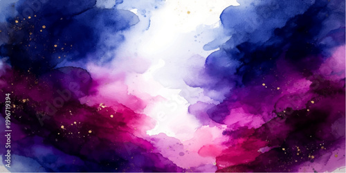 Abstract watercolor background featuring a dramatic blue sky with colorful clouds and sunlight reflecting an artistic nature cloudscape with ample copy space