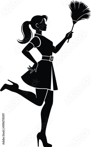 Black silhouette of a woman holding a feather duster  cleaning