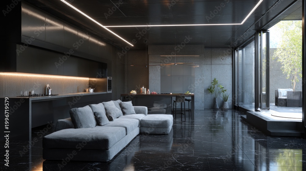 Fototapeta premium Modern, dark, luxurious interior with sleek kitchen, large windows, and comfy sofa