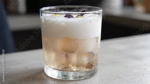 Pouring Cream Over Ice in a Transparent Glass with Droplets of Water