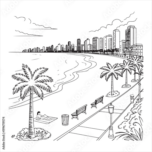 Urban beachfront promenade with city skyline backdrop