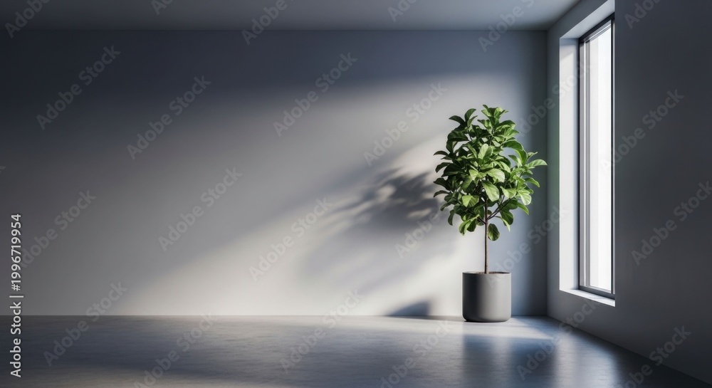 Obraz premium Minimalist Interior with Potted Plant and Sunlight Streaming Through Window.