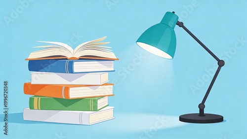  is a minimalist digital illustration featuring a stack of books and a desk lamp against a solid light blue background. The