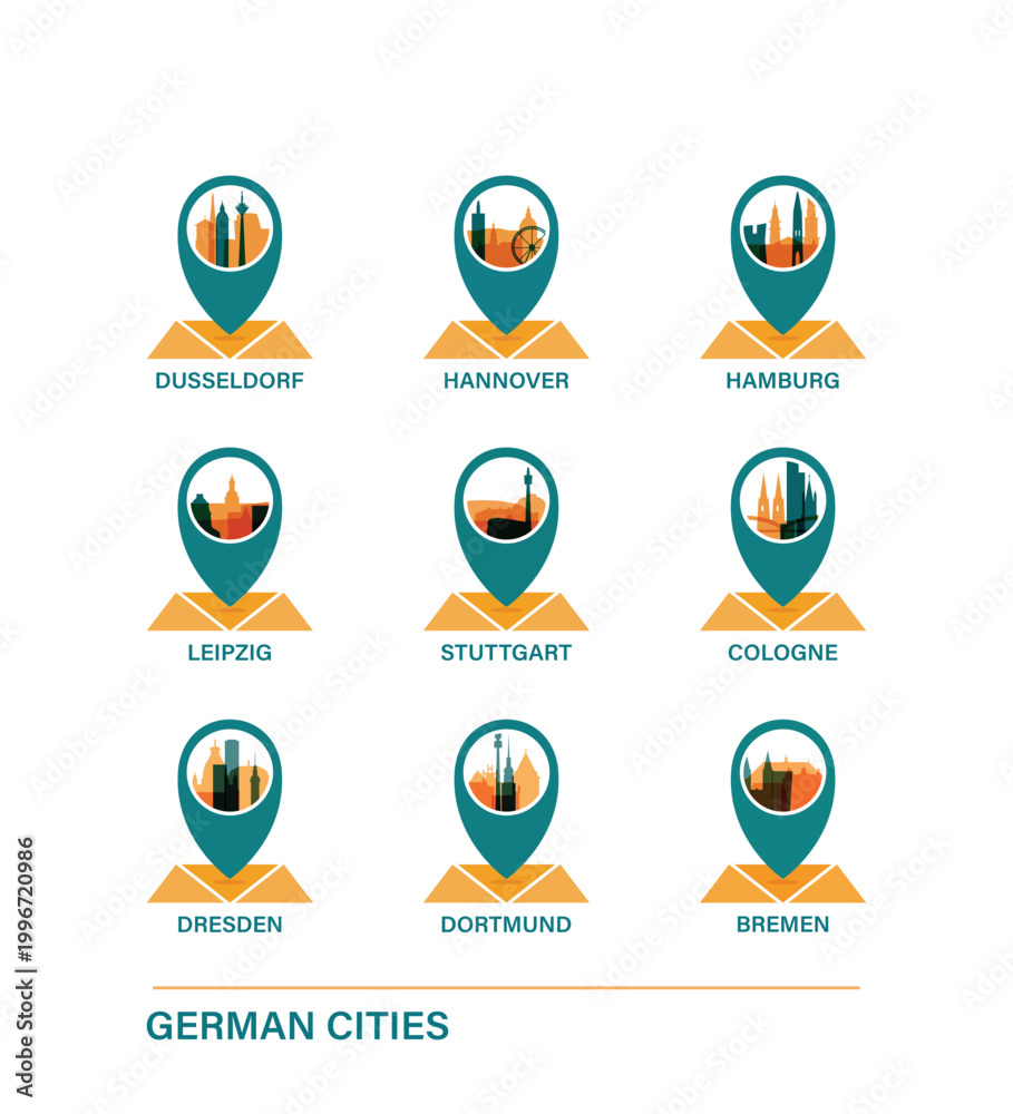 Fototapeta premium Germany city travel destinations: vector pin icons collection for Cologne, Hamburg, Hannover, Dusseldorf, Dresden, Dortmund, Stuttgart, Bremen. German travel clip art pack