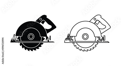 Two depictions of a circular saw one solid and one outlined silhouette