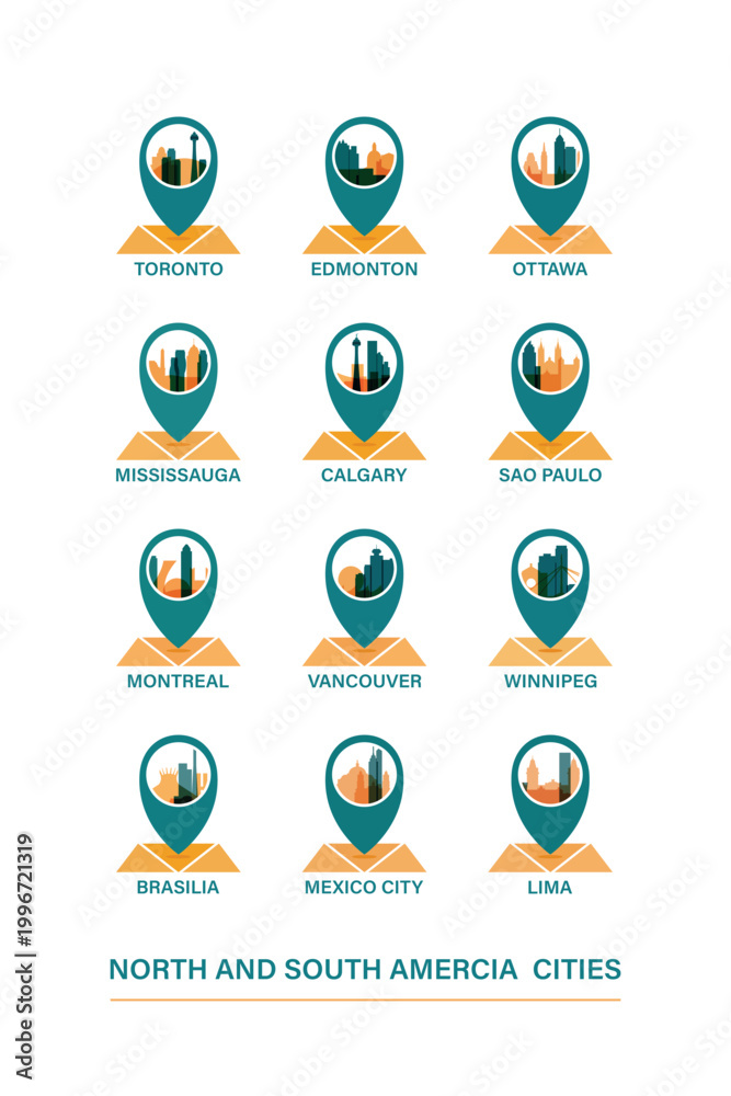 Naklejka premium South and North America city travel destinations: vector pin icons collection for Toronto, Montreal, Ottawa, Vancouver, Brasilia, Sao Paulo, Mexico City, Lima. American travel clip art pack