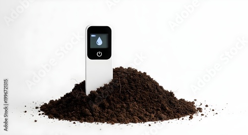 Soil moisture meter in dark earth against white background