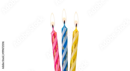 Three burning candles isolated on white birthday celebration or event concept
