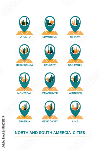 South and North America city travel destinations: vector pin icons collection for Toronto, Montreal, Ottawa, Vancouver, Brasilia, Sao Paulo, Mexico City, Lima. American travel clip art pack