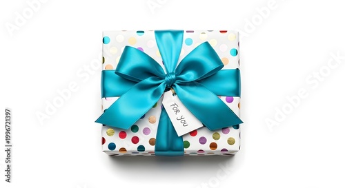 Wrapped gift box with turquoise ribbon and bow isolated on white background