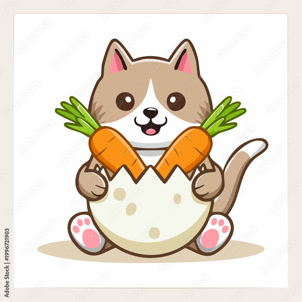 Fototapeta premium Cute cartoon cat holding carrots in a cracked eggshell