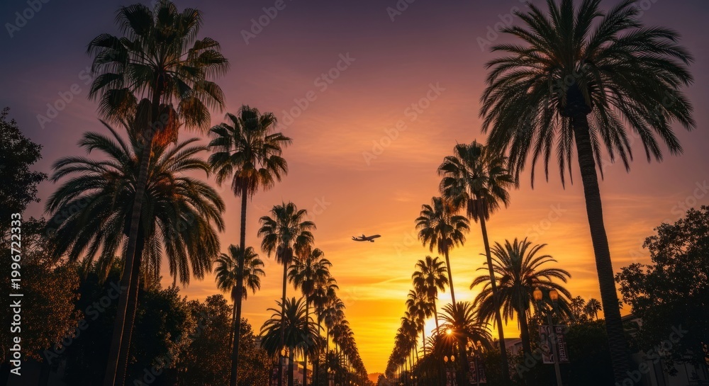 Obraz premium Palm Tree Lined Avenue at Sunset with Airplane Flying Overhead.