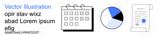 Free Download Business planning, organization tools, data presentation, documentation, scheduling, analytics. Calendar, pie chart and certified document icon. Business planning and organization tools concept - GFXLoad