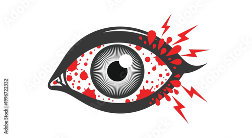 Stylized vector illustration of a sharp human eye experiencing intense pain and irritation from red lightning