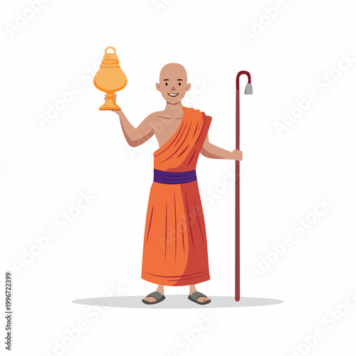 Buddhist Monk Holding Lantern and Staff