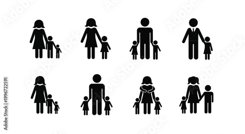 Black vector graphic illustrations depicting various family unit compositions and parental roles with children