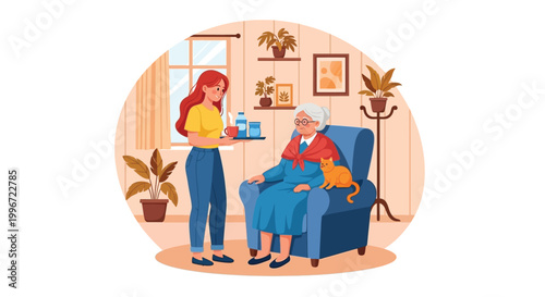Caring young woman serving a warm drink to an elderly lady sitting in a comfortable chair