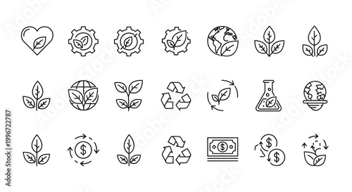 Ecology and sustainability vector illustration set with green environmental conservation icons for eco-friendly design projects.