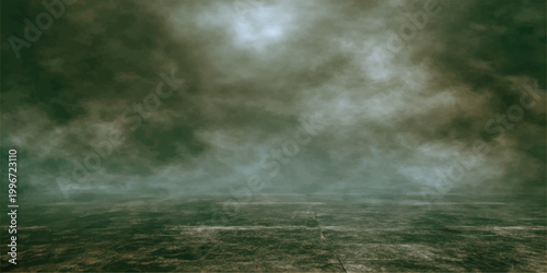 Stormy rain falls over a misty forest and green river landscape as dark clouds and fog drift through the nature under a moody sky