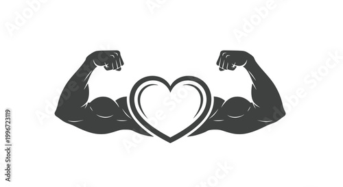 Strong muscular arms flexing around a symbolic heart vector illustration, representing health and powerful love.