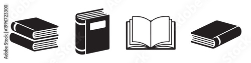 Educational book flat vector icons with open literature pages and stacked library textbook objects.