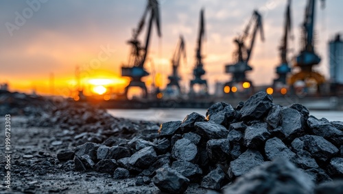 A dramatic sunset illuminates a pile of coal in the foreground, with industrial cranes and a harbor visible in the blurred background, creating a powerful image of industry and nature.