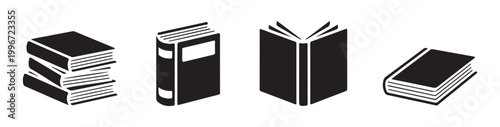 Solid book icons set with different perspectives including stack open pages and closed cover binder.