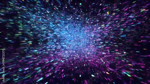 Abstract digital glitch art motion graphic animation video loop, blue and green color spectrum with pixelated noise and geometric shapes, technological background.