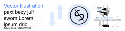 Healthcare, medical technology, financial costs, robotic surgery, innovation, economy. Robotic arm performing surgery with a dollar sign. Medical technology and financial costs concept