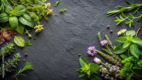 Aromatic herbs on a black stone background, with a few scattered leaves and flowers , rock, botanical garden