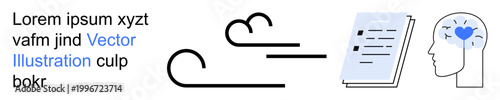 Creativity, education, learning, information sharing, intellectual growth, abstract concepts. Lines flowing, a book and a head with a heart-shaped brain. Creativity and education concept