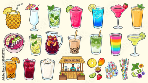 Tropical Summer Cocktails Mocktails Drinks Flat Illustration Set. Pina Colada Mojito Coconut Smoothie Boba Collection. Vector for Menu, Bar, Restaurant Design