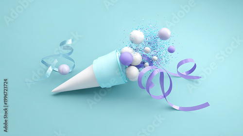 3d illustration light blue party popper explodes with purple white balls