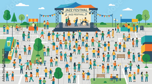 This vibrant flat design illustration showcases a diverse crowd enjoying the lively atmosphere of an outdoor jazz festival. The minimalist vector art captures the collective joy and energy of attendee