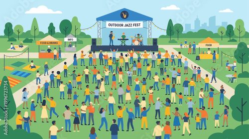 This vibrant flat design illustration showcases a diverse crowd enjoying the lively atmosphere of an outdoor jazz festival. The minimalist vector art captures the collective joy and energy of attendee