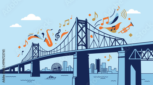 A clean flat design illustration featuring a simplified Montreal landmark adorned with elegant musical notes, symbolizing the city's connection to the International Jazz Festival. 