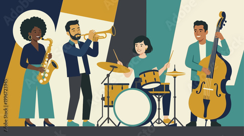 Microstock Description:
A vibrant flat design illustration featuring a diverse ensemble of jazz musicians, each playing their instrument with enthusiasm and skill.