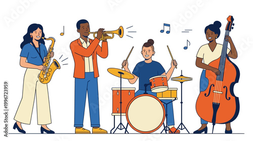 Microstock Description:
A vibrant flat design illustration featuring a diverse ensemble of jazz musicians, each playing their instrument with enthusiasm and skill.