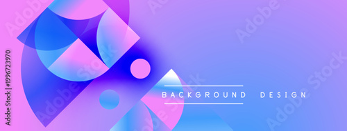Abstract geometric shapes blend vibrant pinks, blues, purples. Gradient background creates modern visual impact. Text reads background design.