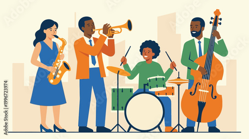 Microstock Description:
A vibrant flat design illustration featuring a diverse ensemble of jazz musicians, each playing their instrument with enthusiasm and skill.