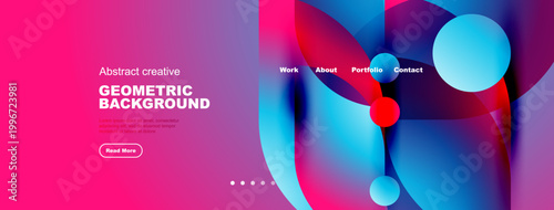 Bright pink header with text, abstract geometric shapes, navigation menu. Modern design for website or presentation.