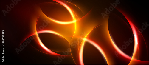 Abstract design features vibrant orange, red curves against dark background. Dynamic energy radiates from glowing lines, creating modern aesthetic.