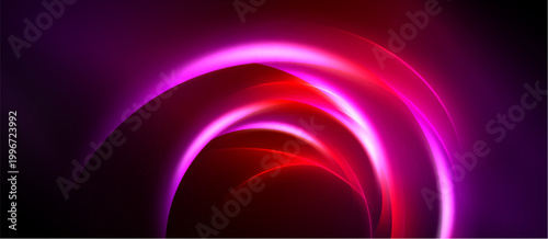 Abstract neon layers create glowing arc. Vivid magenta, crimson hues dominate dark background. Smooth gradients suggest depth, energy.